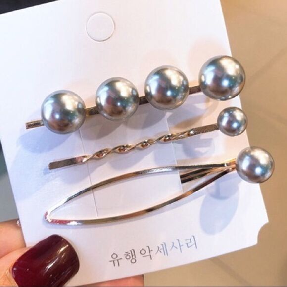 Set of 3 Black Pearl Gold Tone Hair Pins Barrettes NWT - Picture 5 of 5